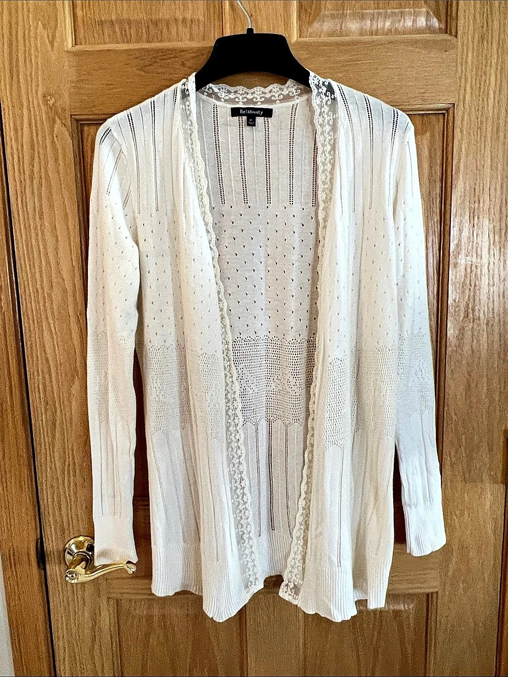 Relativity Open Front Lace Trim Cardigan in White XL Like New